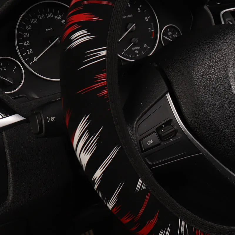 Car steering wheel cover without inner ring, elastic band, imitation leather, sports style, black red colour
