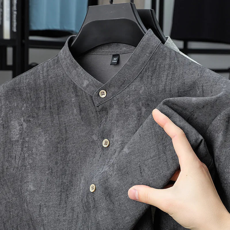 Men's loose fit linen blend stand collar shirt in cardigan style, solid colour options Black Grey or White Grey