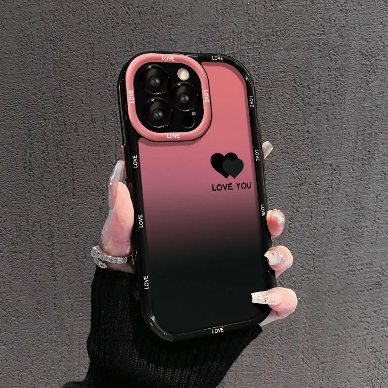 Acrylic fine hole drop-resistant phone case, cream shell with black gradient love heart design for iPhone or Huawei models