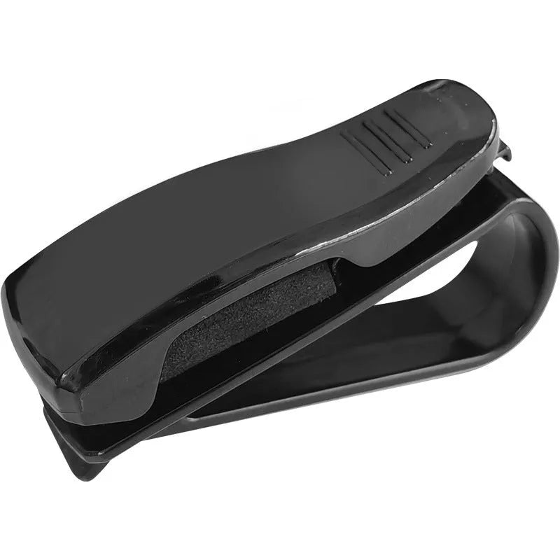 Black plastic clip holder for car sunshade to hold glasses, ID cards, and tickets.