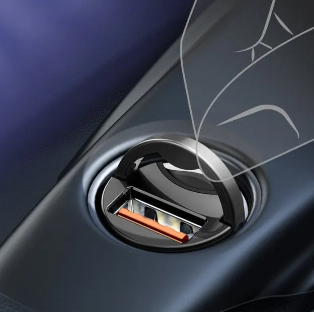 Baseus Huixiaoxing electro-optical grey 30W mini car charger with single USB port and cable.