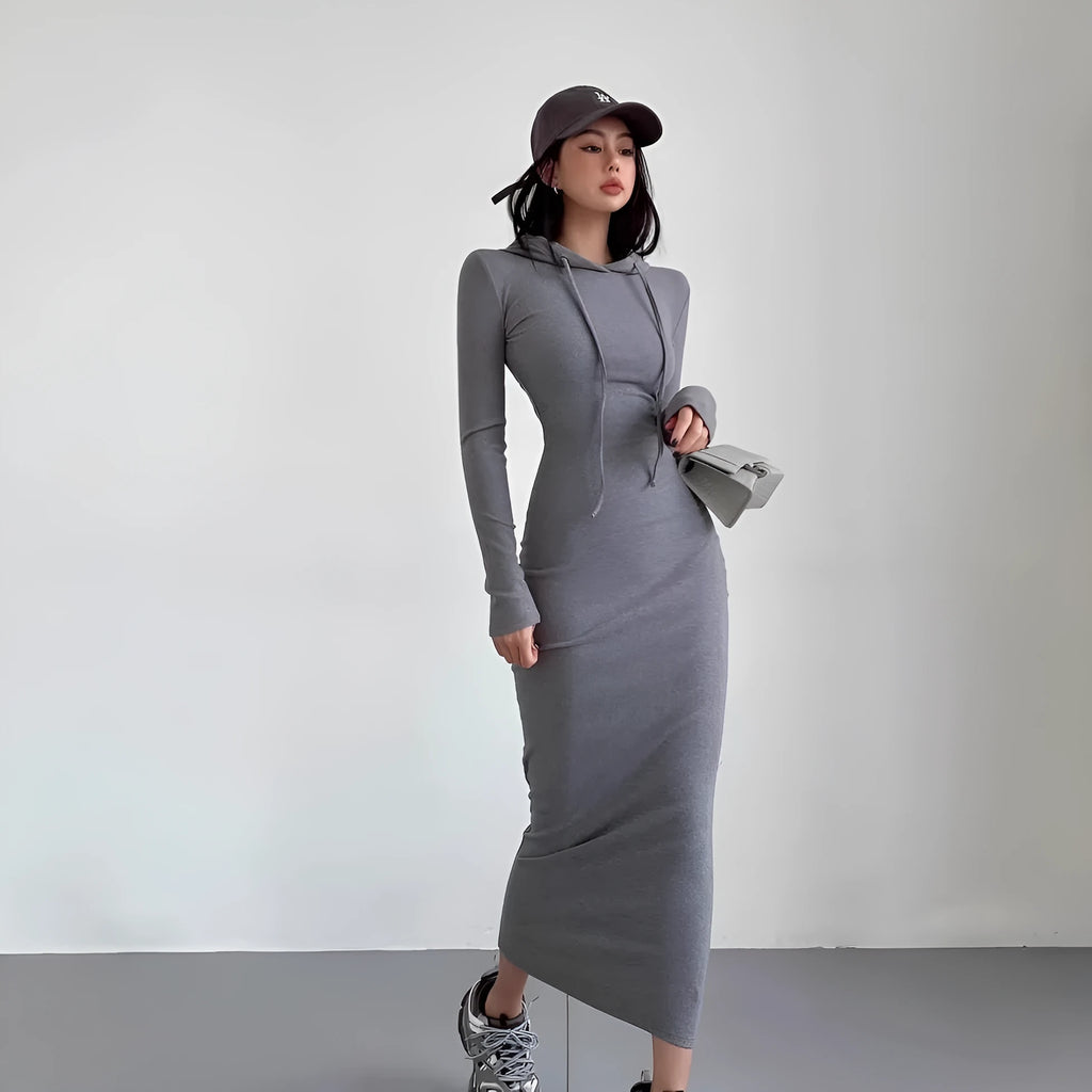 Women's grey hooded long sleeve sheath dress with high waist, shown knee-length.