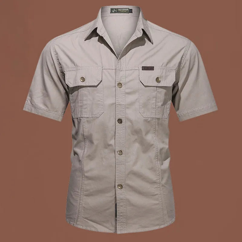 Men's short sleeve cotton work shirt in loose fit available in army green, beige, black, dark blue and other colours