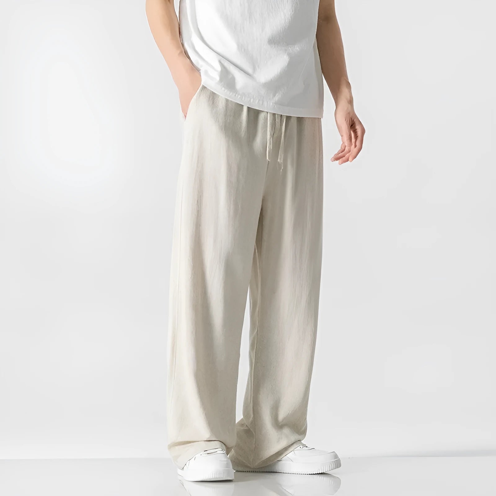 Men's beige bamboo fibre straight leg trousers with cropped length and drawstring waistband