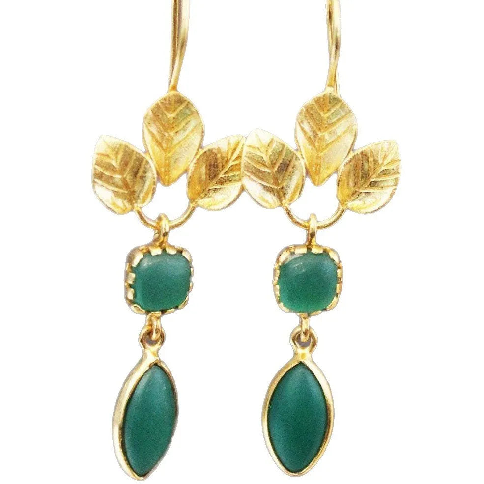 Gold-coloured French leaves tassel drop earrings with zircon crystals and chain detailing
