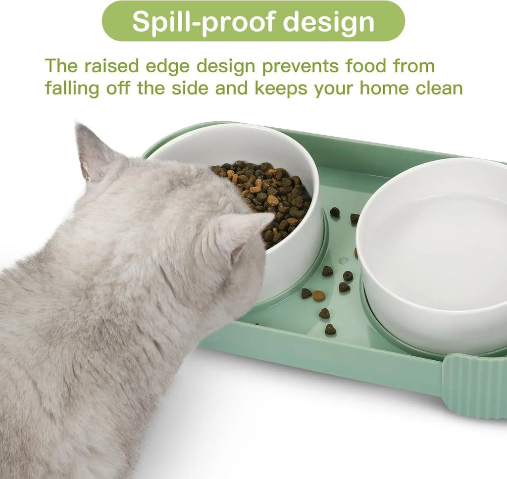 Green ceramic raised pet feeder with two tilted bowls on a non-slip stand