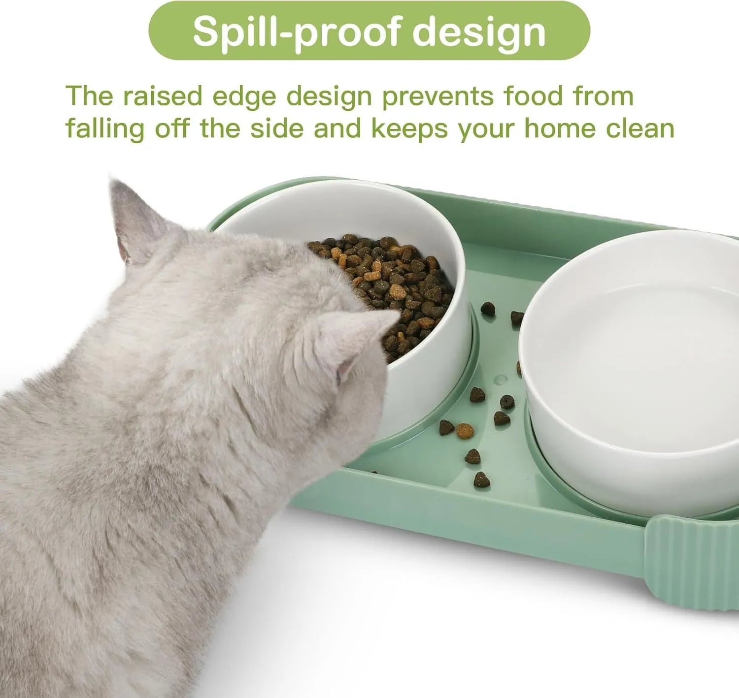Green ceramic raised pet feeder with two tilted bowls on a non-slip stand