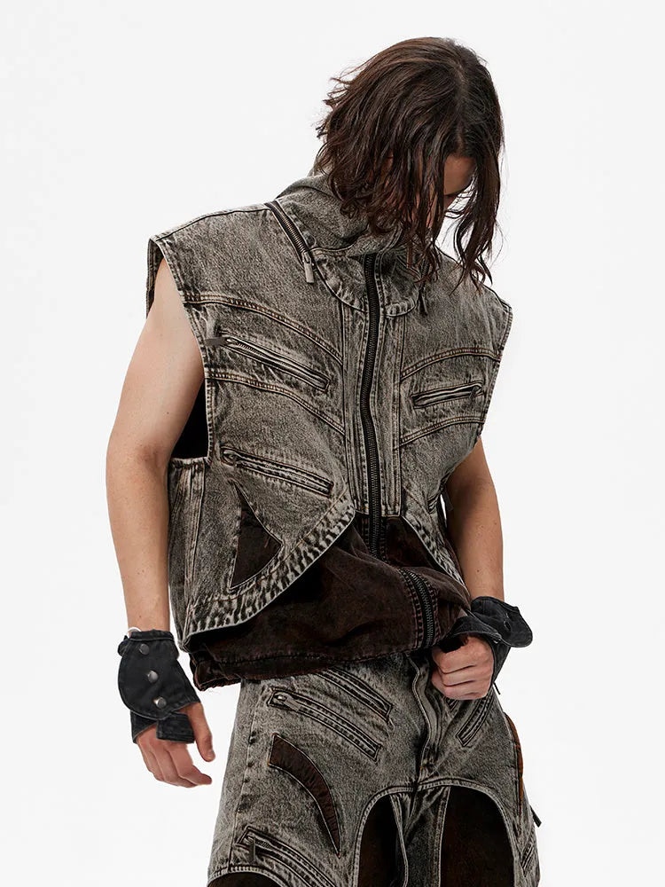 Men's blue splicing denim vest with zip front, shown sleeveless on a hanger.