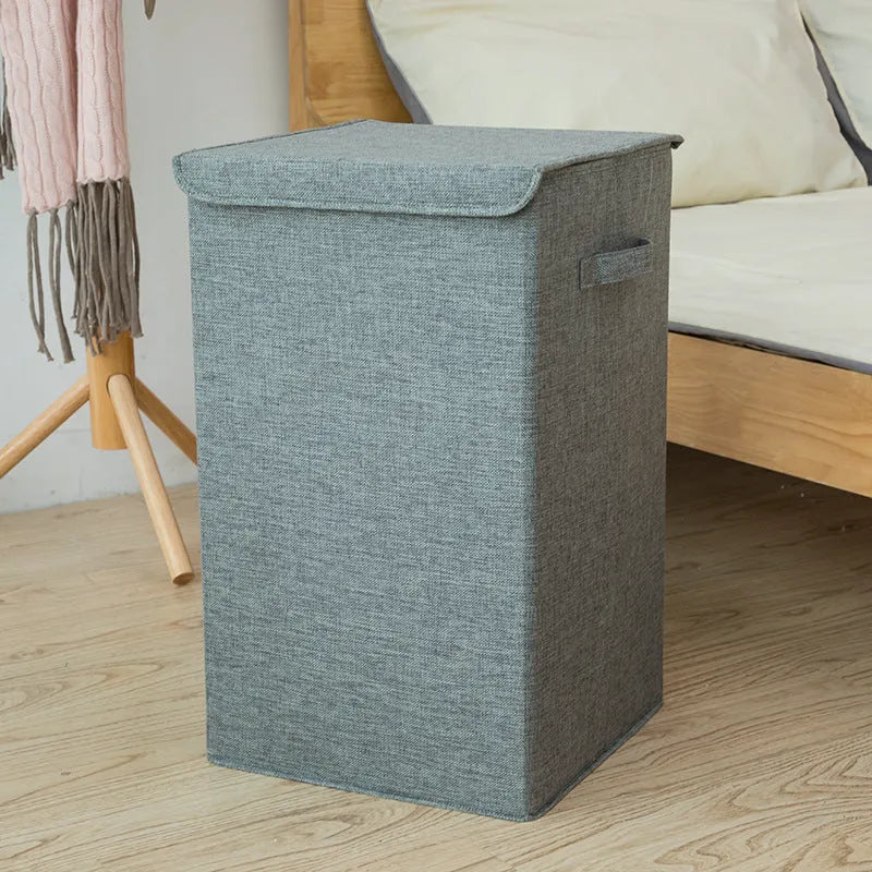 Grey foldable cotton linen clothes storage basket in a modern simple style