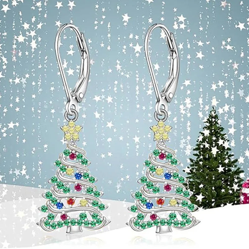 Women's Christmas tree earrings with star shape in white gold colour on copper base