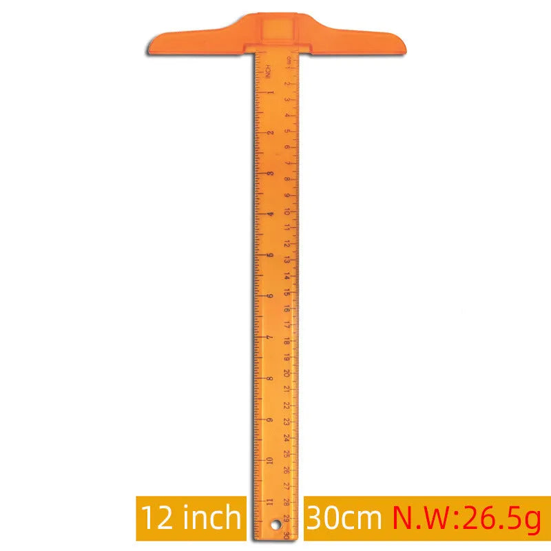 30cm plastic T-shaped ruler with scale markings in transparent or orange yellow colour