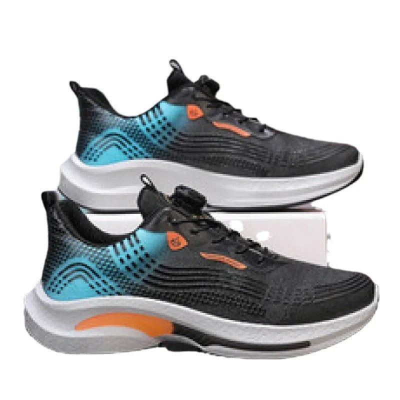 Men's white and blue low-top mesh sneakers with a rotating buckle closure and rubber sole.