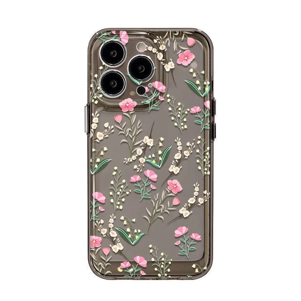 Small floral silicone phone case for iPhone 11-16 series, transparent, with shockproof and anti-fingerprint TPU material