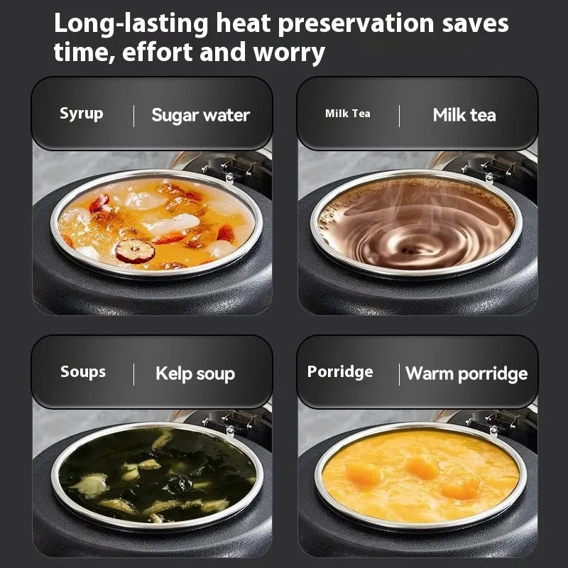 Black stainless steel electric insulation pot with steel cover, 10L capacity for soups and porridge.