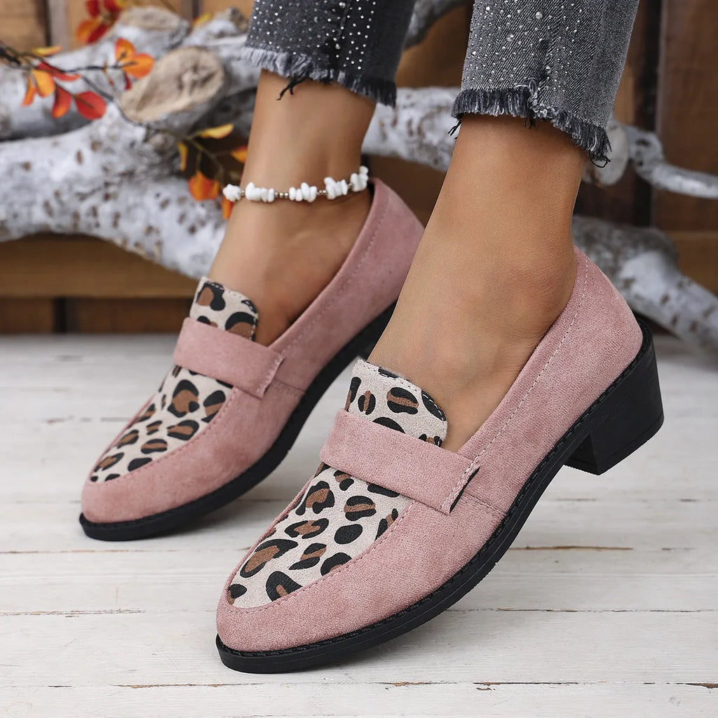 Women's leopard print suede slip-on shoes with pointed toe and chunky mid heel