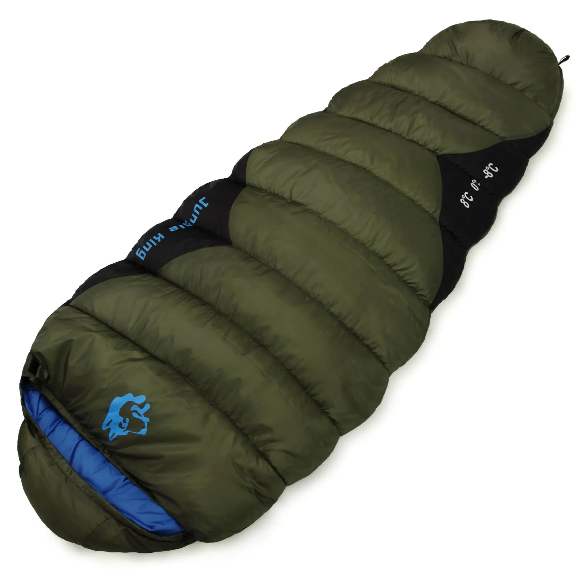 Mummy-style outdoor sleeping bag in Army Green with compression sack, shown with dimensions 230x80x50cm.