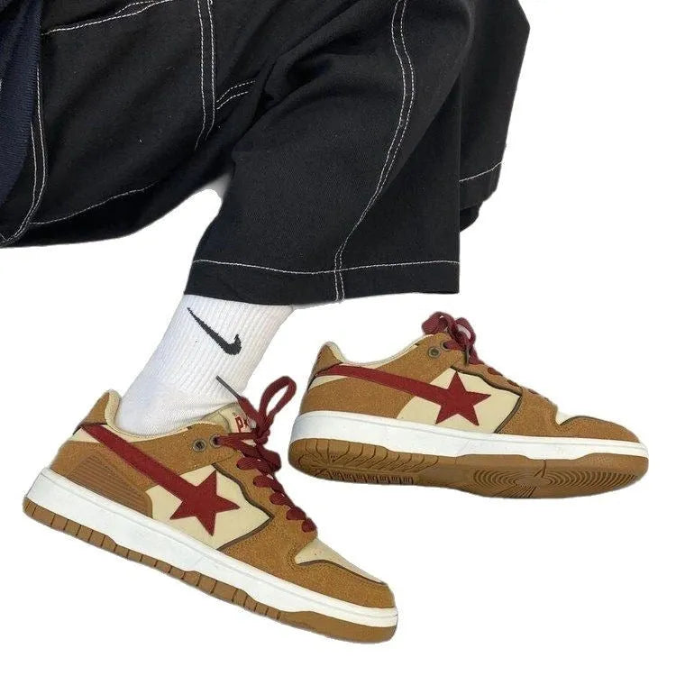 Brown women's low-top platform sneakers with sequin details and a lace-up front.