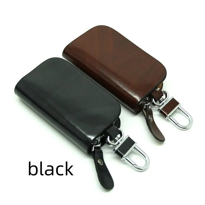Genuine leather car key case with frosted finish showing black and brown colour options