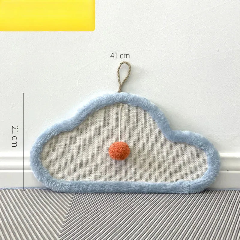 White wall-mounted cat scratching mat with sleeping cat cartoon design made from natural sisal