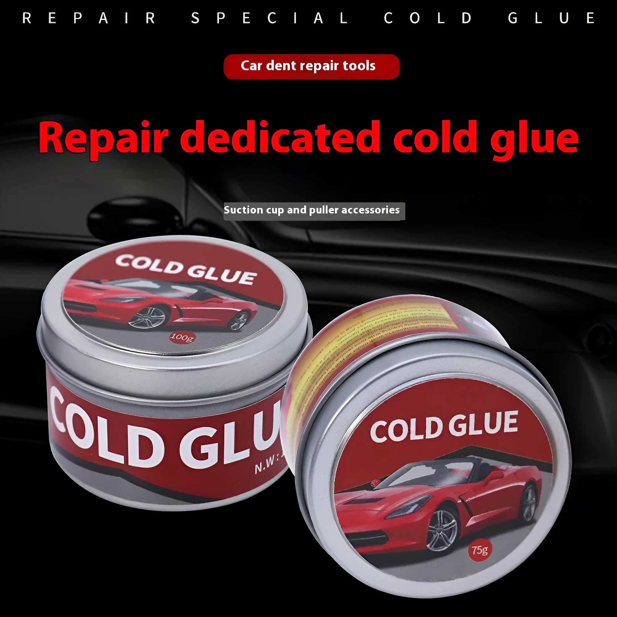 Container of special cold glue for automobile depression repair.