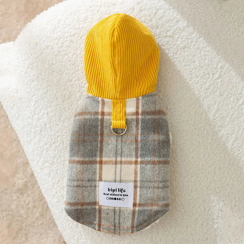 Blue hooded chessboard grid corduroy dog vest with traction styling for autumn winter wear