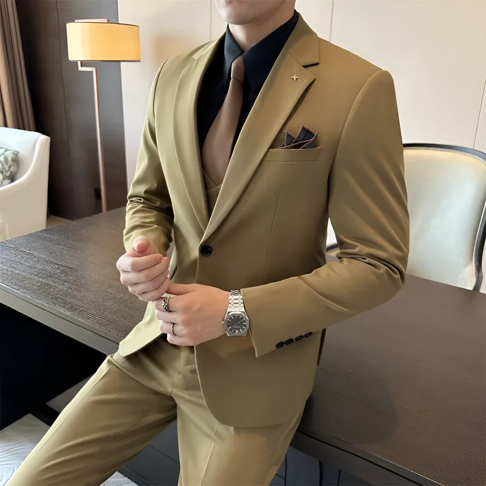 Men's slim-fit business trousers in camel, brown, and dark green viscose blend fabric