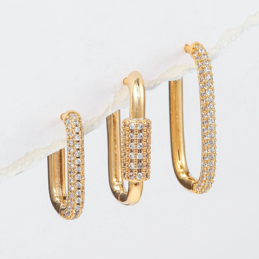 Copper geometric earring set with three square ear clips featuring inlaid zircon stones