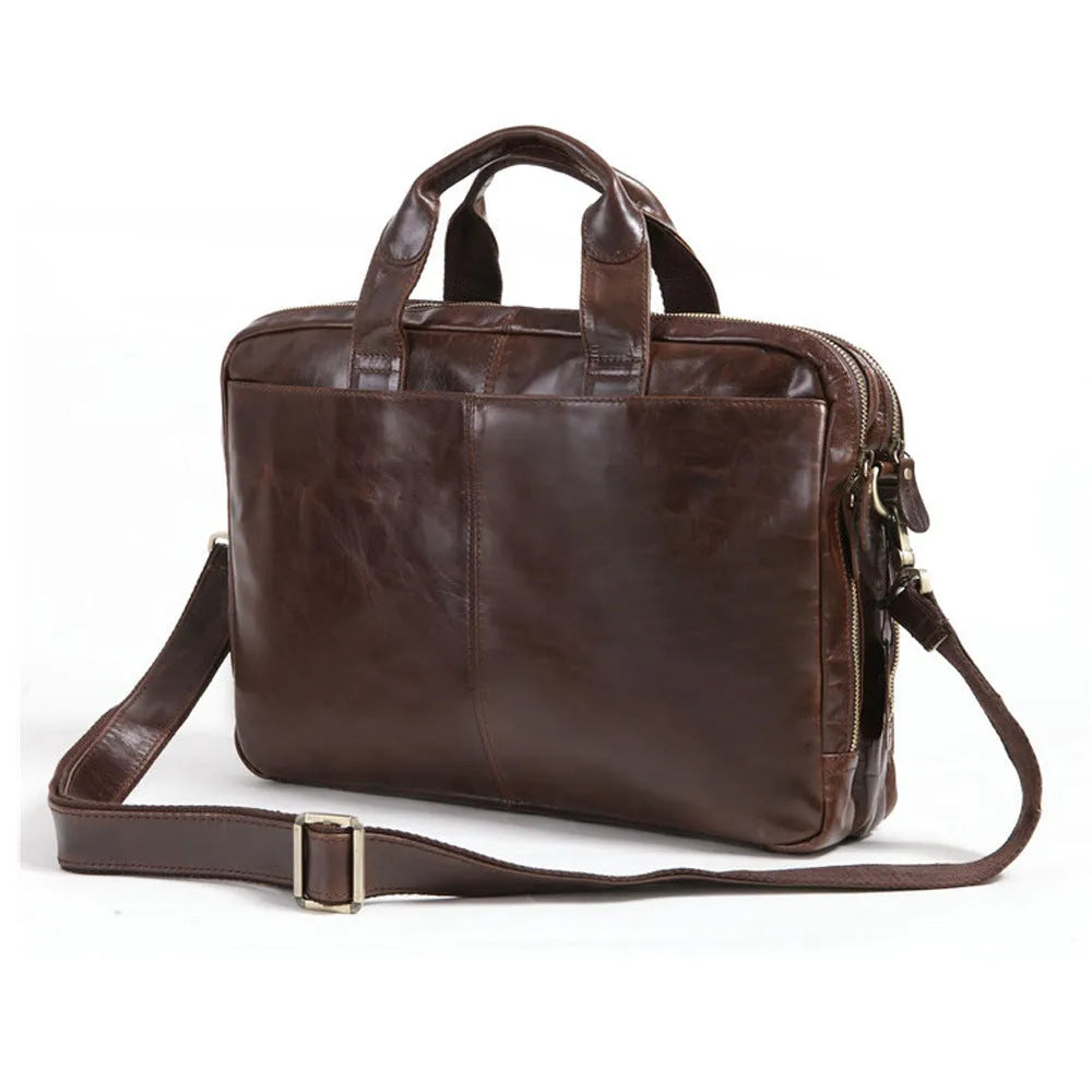 Brown men's business briefcase made from first layer cowhide leather with 18-inch laptop capacity