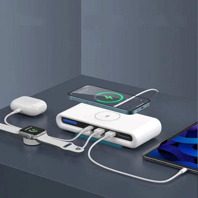 White desktop wireless charger with 15W fast charging and built-in 8-colour atmosphere lamp.
