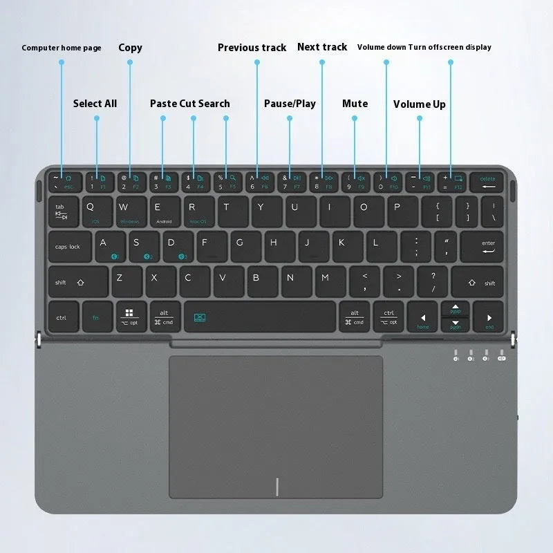 Grey wireless Bluetooth folding keyboard for mobile phones and tablets with colour box packaging
