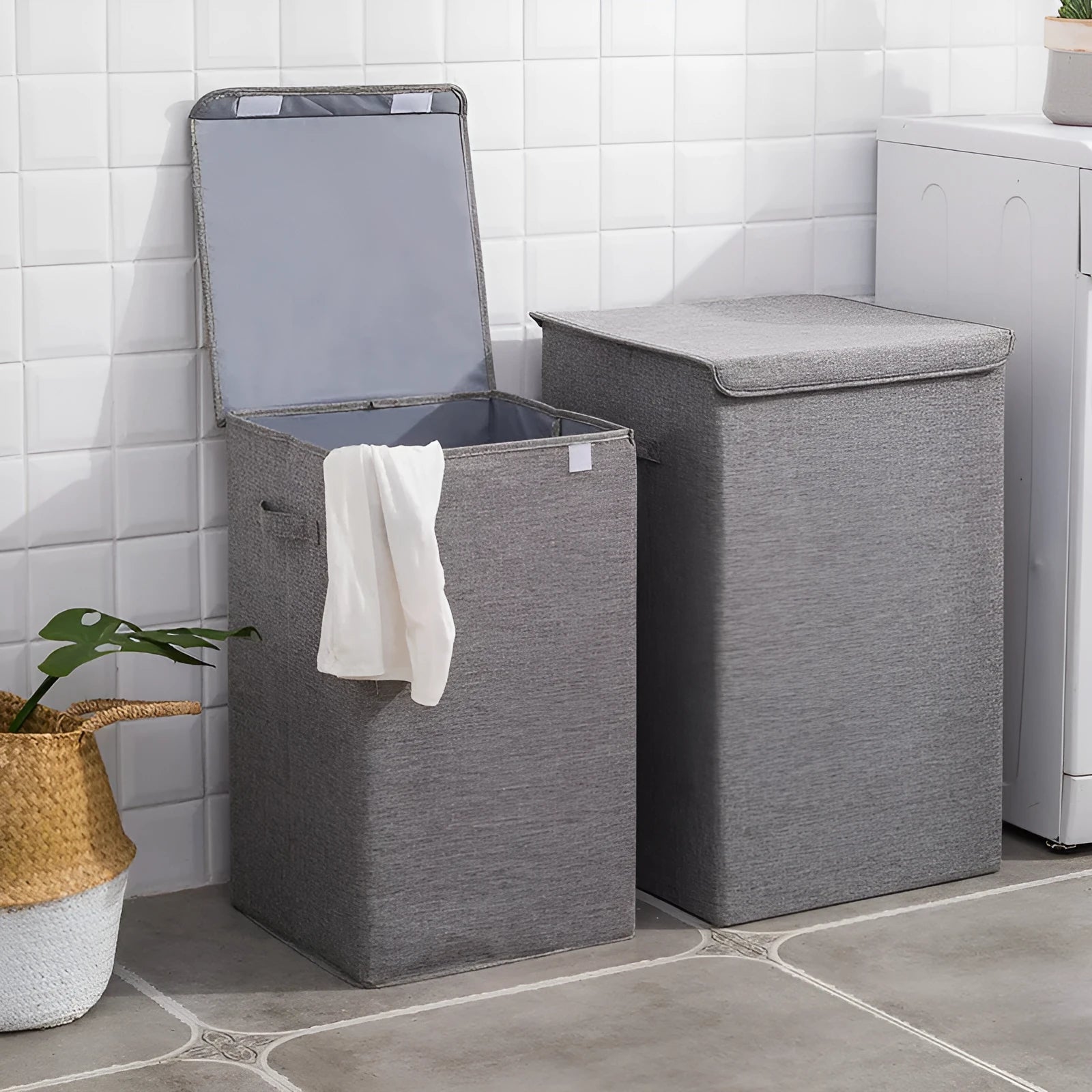 Grey foldable cotton linen clothes storage basket in a modern simple style