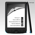 Black 6-inch e-book reader with E-ink screen showing a book page, on a plain background.