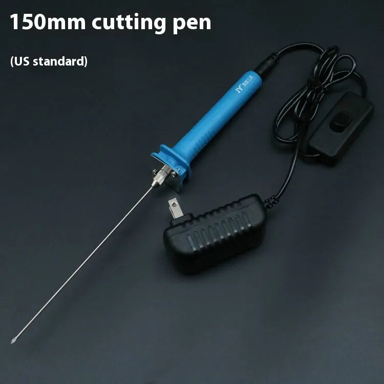 Blue plastic-handled electric foam cutter pen with adapter on a work surface.
