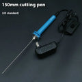 Blue plastic-handled electric foam cutter pen with adapter on a work surface.