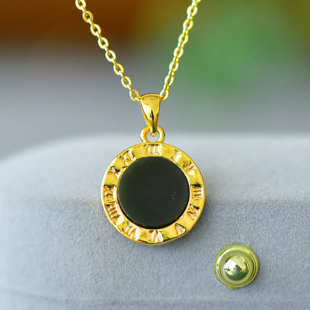 Flat geometric Hetian jade pendant with copper inlay on a necklace chain.