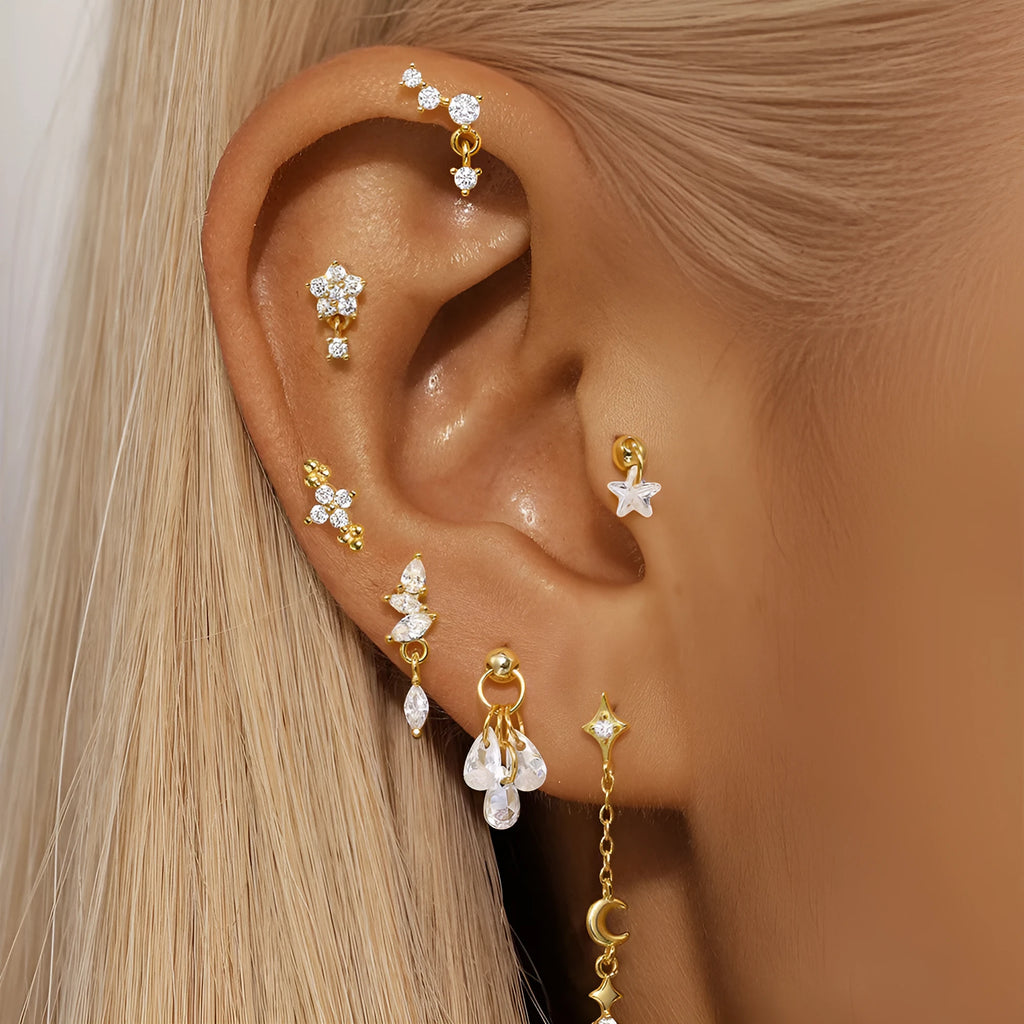 S925 sterling silver moon shape earrings with diamond embedded star detail in gold colour