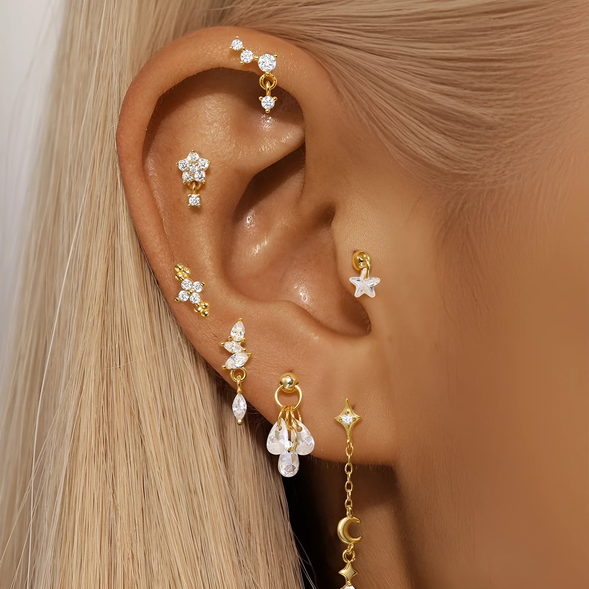 S925 sterling silver moon shape earrings with diamond embedded star detail in gold colour