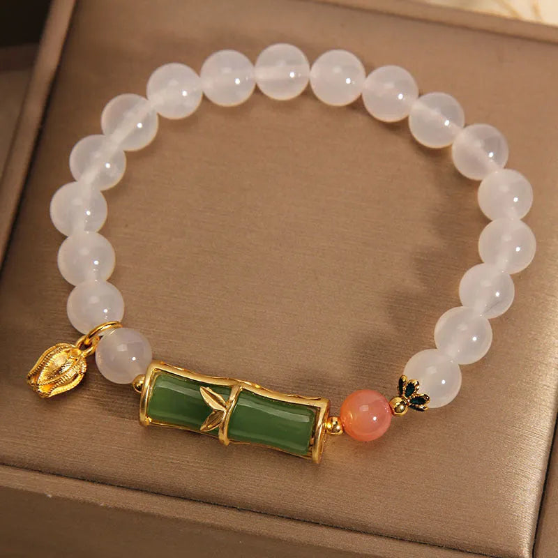 White agate jade bamboo bracelet with retro Chinese design and natural stone beads