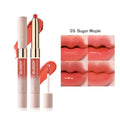 Double-headed lipstick and lip gloss set showing matte finish, available in ten different colour options.