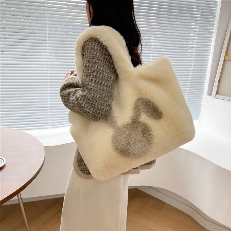 Cartoon rabbit ears plush shoulder bag in large tote style