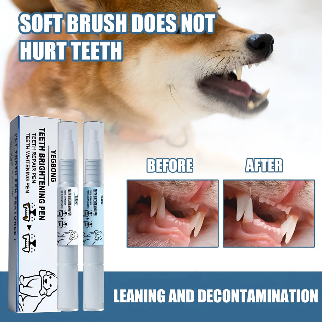 Two white pet tooth whitening pens with brush applicators for dog and cat dental care.