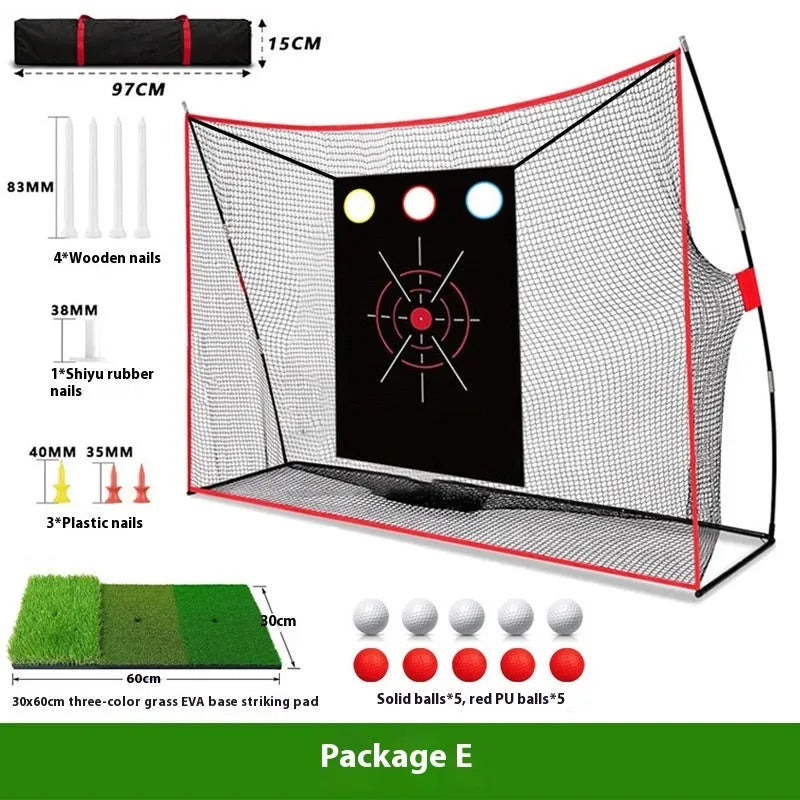 Golf swing wedge training net kit with 3-hole cross target, straw mat, practice balls and accessories