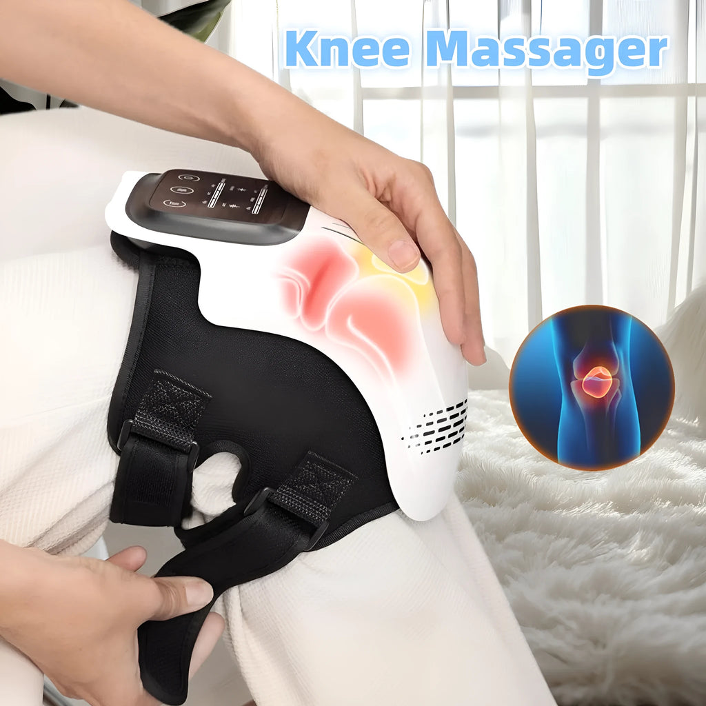 Electric knee massager with heating and vibration functions in white and wood colour options