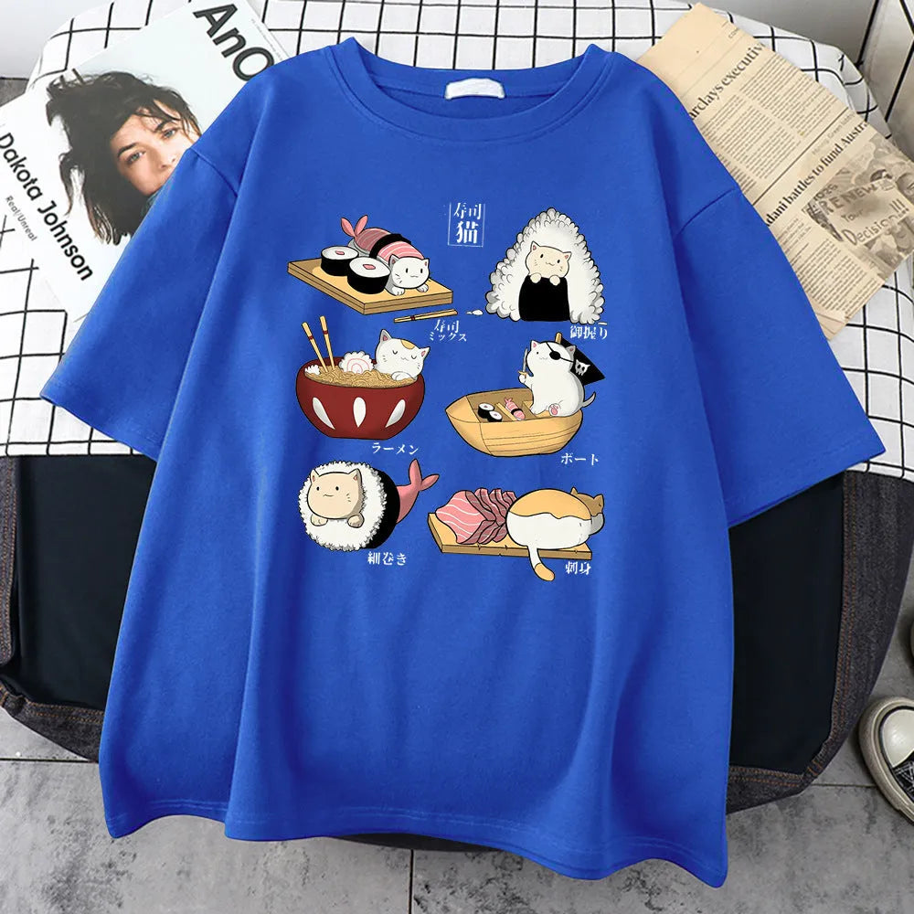 Men's black cotton t-shirt with a cute cartoon print of cats designed as sushi rolls.