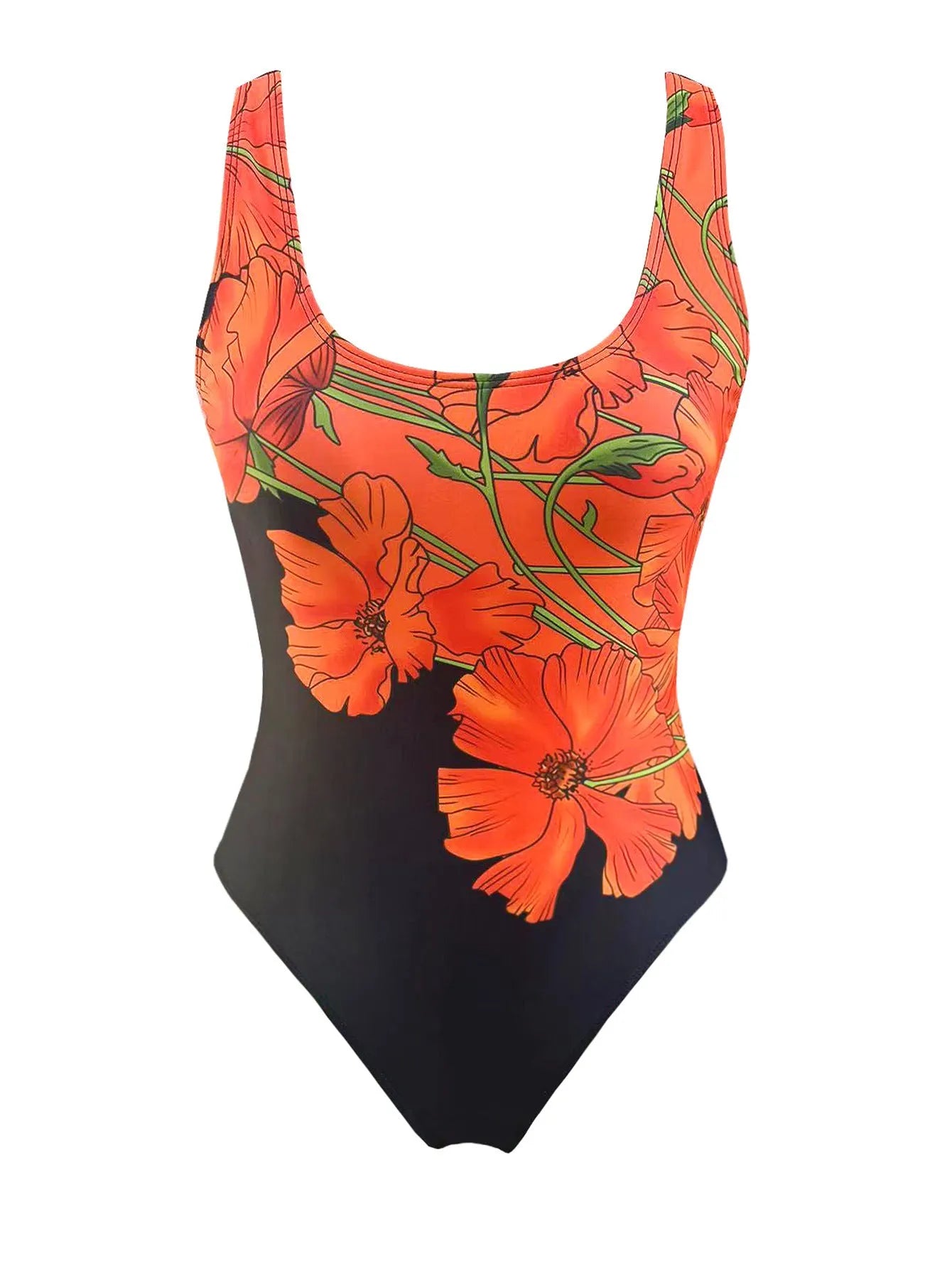 Orange floral print backless one-piece swimsuit on a hanger
