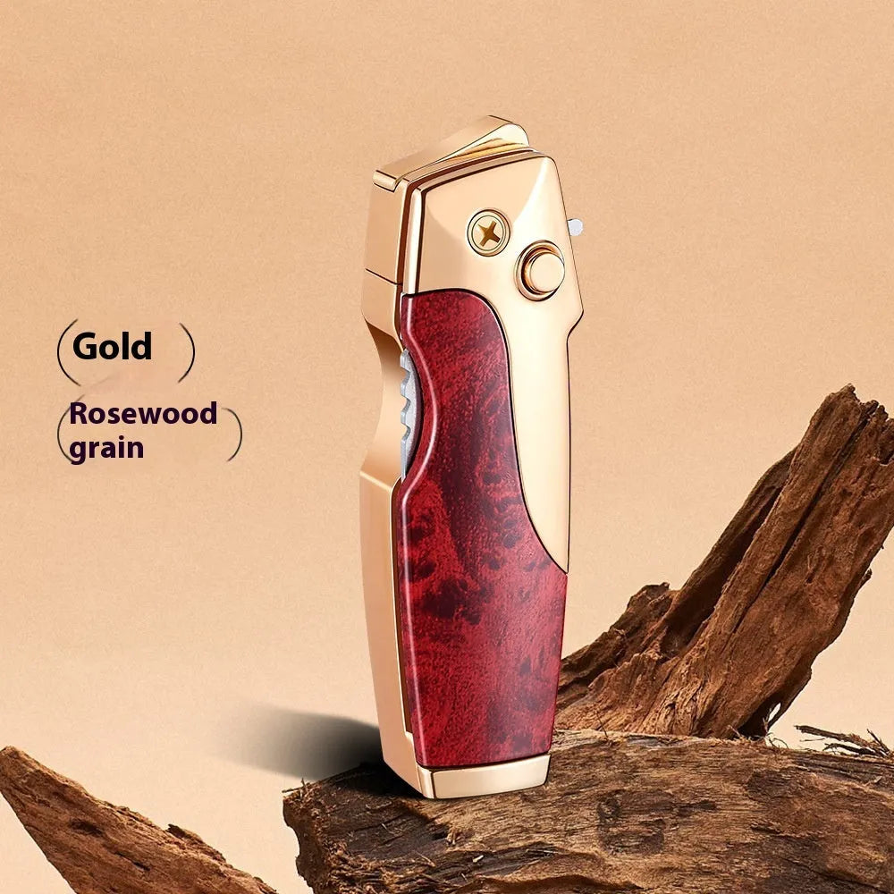 Zinc alloy folding knife and jet lighter multi-tool in black with wood grain finish, showing closed position.