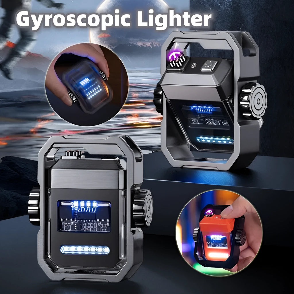 Blue Pulse Lighter showing windproof double arc, mechanical gyroscope, and Type-C charging port on a zinc alloy body.