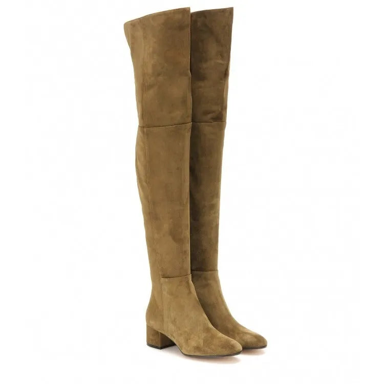 Grey women's flat over-the-knee suede boots with a pointed toe and low rubber heel.