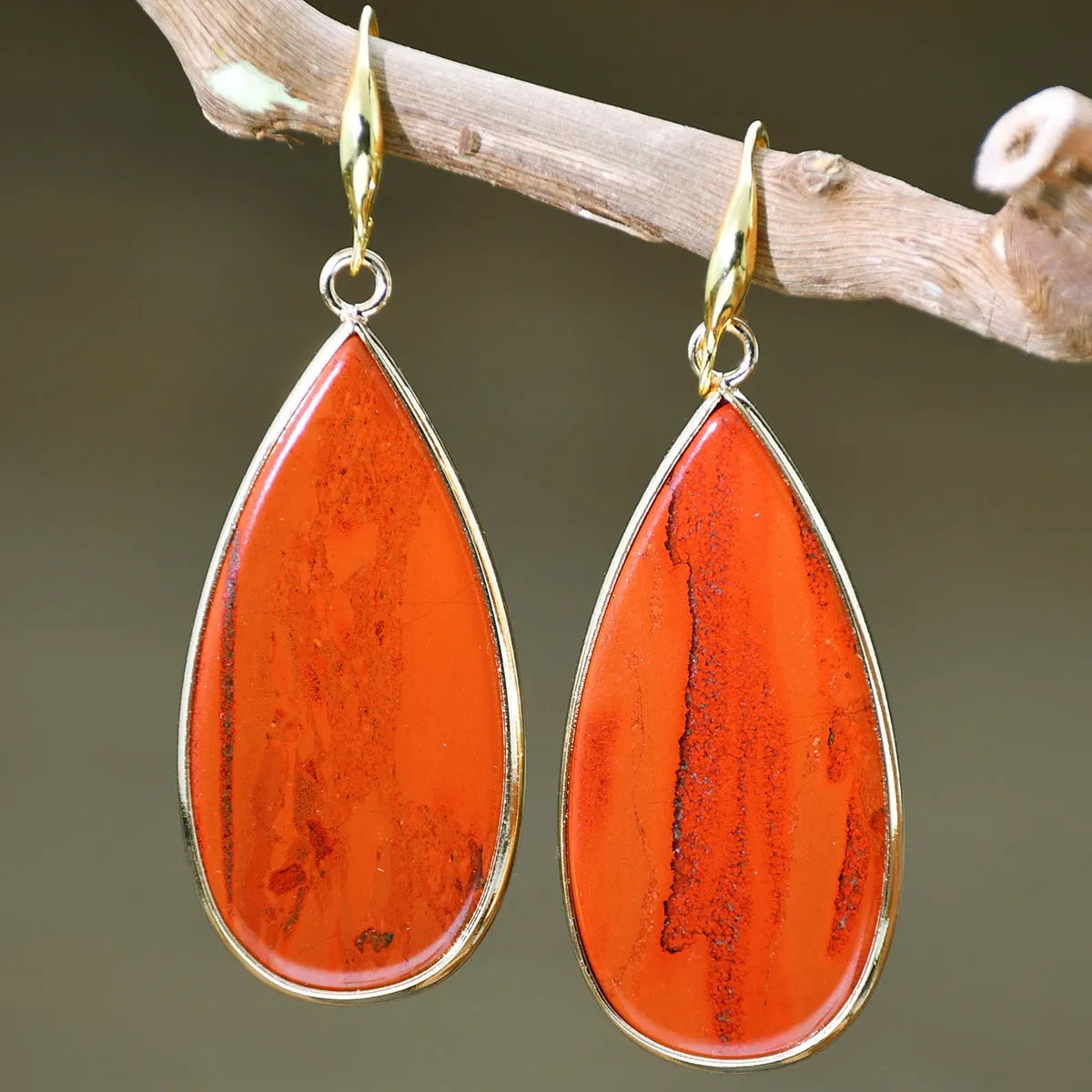 Vintage tigereye stone drop earrings with elongated water drop shape and textured elements