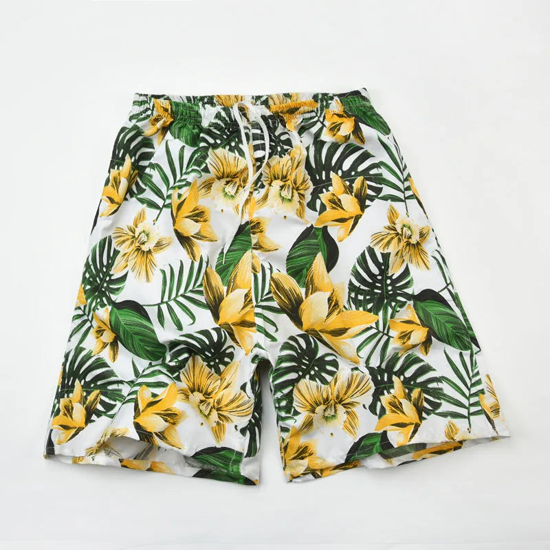 Men's printed five-point swimming trunks with floral pattern in polyester fabric